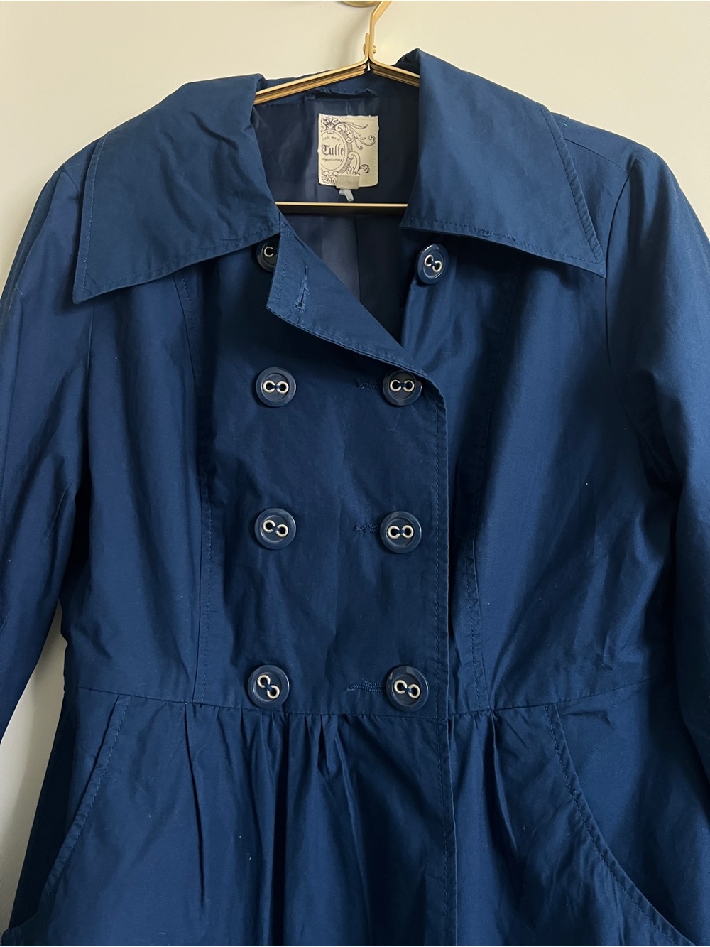 Anthropologie Tulle Royal Blue Double Breasted Cotton Trench Coat Jacket Large - Picture 9 of 16
